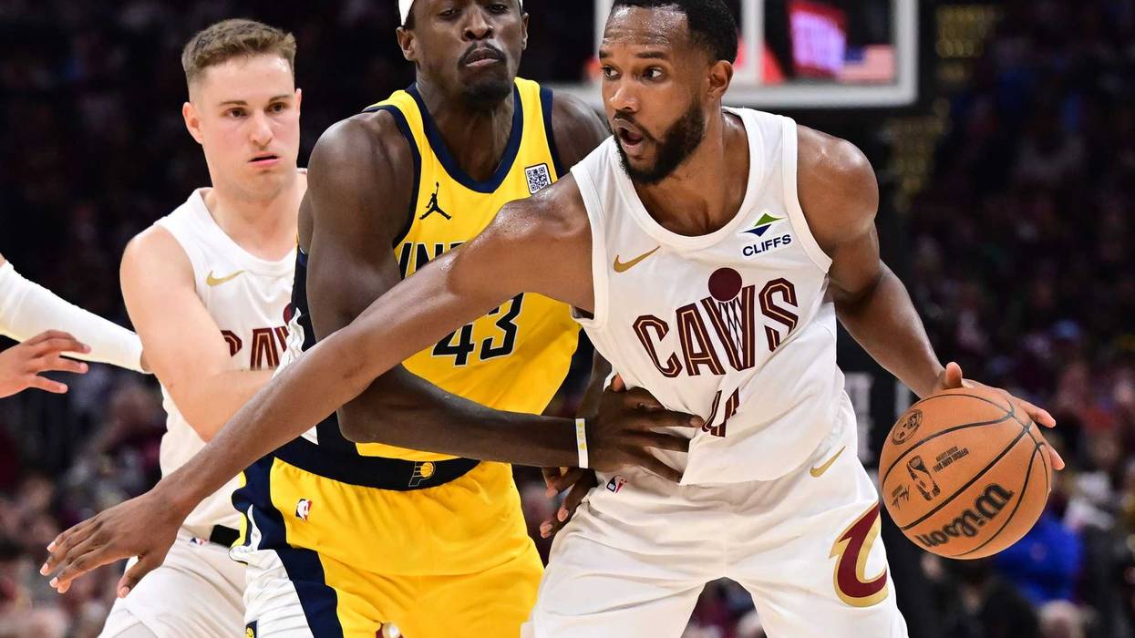 Indiana Pacers forward Pascal Siakam (43) defends Cleveland Cavaliers forward Evan Mobley (4) during the second half in game one of the second round for the 2025 NBA Playoffs at Rocket Arena.