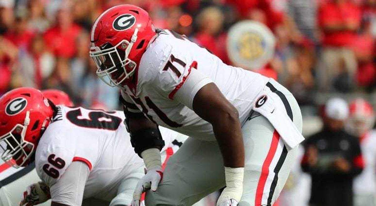INDIANAPOLIS, IN - FEBRUARY 28: Offensive lineman Andrew Thomas of Georgia runs a drill during the NFL Combine at Lucas Oil Stadium on February 28, 2020 in Indianapolis, Indiana. (Photo by Joe Robbins/Getty Images
