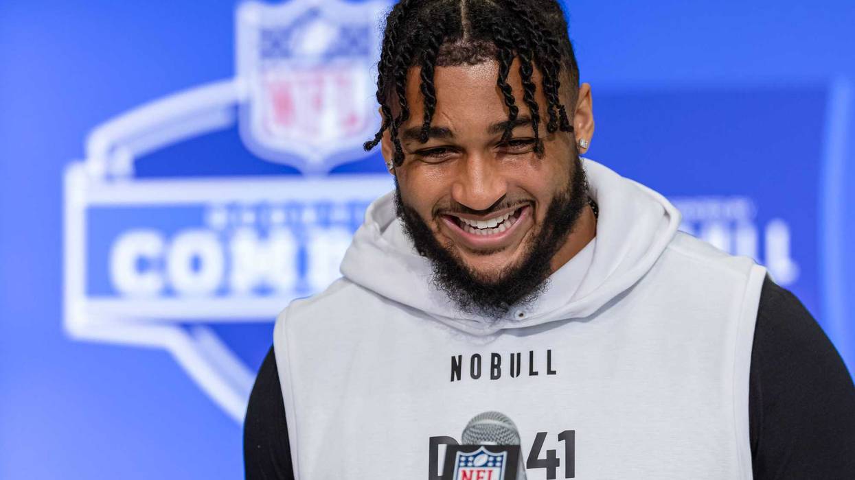 INDIANAPOLIS, INDIANA - FEBRUARY 28: Marshawn Kneeland #DL41 of the Western Michigan Broncos speaks to the media during the 2024 NFL Draft Combine at Lucas Oil Stadium on February 28, 2024 in Indianapolis, Indiana. (Photo by Michael Hickey/Getty Images)