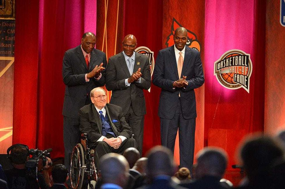 Inductee Guy Lewis with Elvin Hayes, Clyde Drexler, and Hakeem Olajuwon during the 2013 Basketball Hall of Fame Enshrinement Ceremony on September 8, 2013 at the Mass Mutual Center in Springfield, Massachusetts.