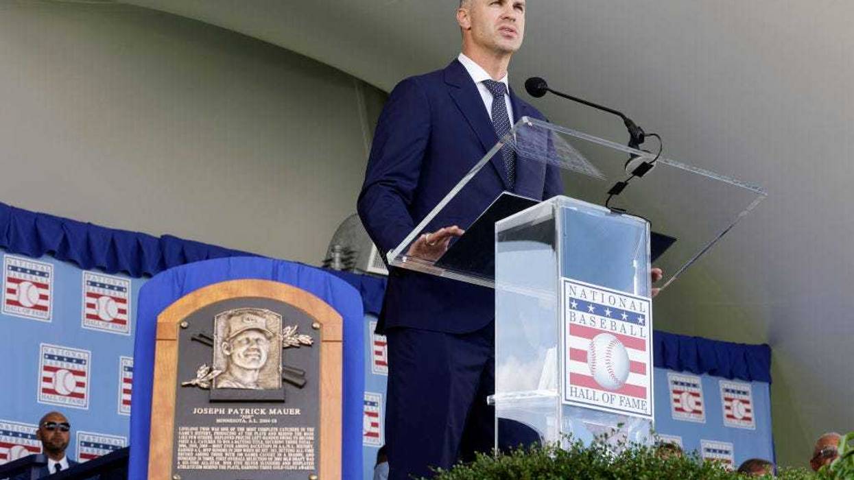Inductee Joe Mauer gives his speech during the Baseball Hall of Fame induction ceremony at Clark Sports Center on July 21, 2024 in Cooperstown, New York.