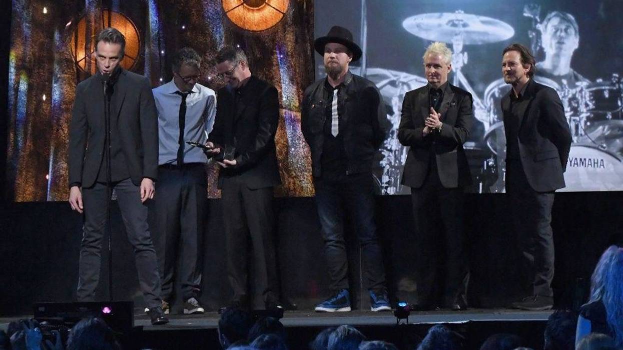 Inductees Eddie Vedder, Dave Krusen, Stone Gossard, Jeff Ament, Mike McCready and Matt Cameron of Pearl Jam speak onstage at the 32nd Annual Rock & Roll Hall Of Fame Induction Ceremony at Barclays Center on April 7, 2017 in New York City