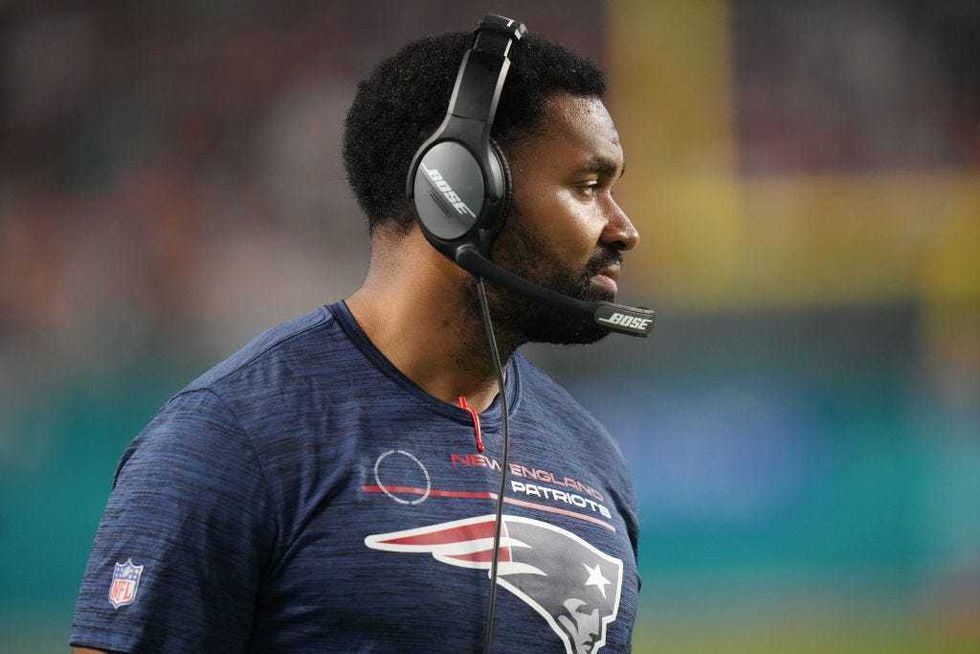 Inside Linebackers coach Jerod Mayo of the New England Patriots on the sidelines coaching against the Miami Dolphins during the second half at Hard Rock Stadium on January 09, 2022 in Miami Gardens, Florida.