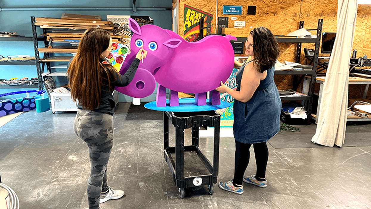 Ion Art / Liz Terrazas (Left) & Tori Marquez (Right). A neon hippo will be a first at Zilker Botanical Garden.