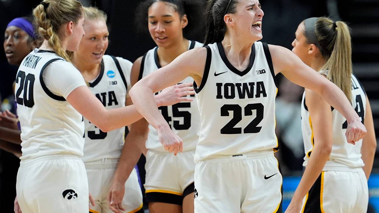 Iowa guard Caitlin Clark (22) reacts during the fourth quarter against LSU during the NCAA tournament, Monday, April 1, 2024, in Albany, N.Y.