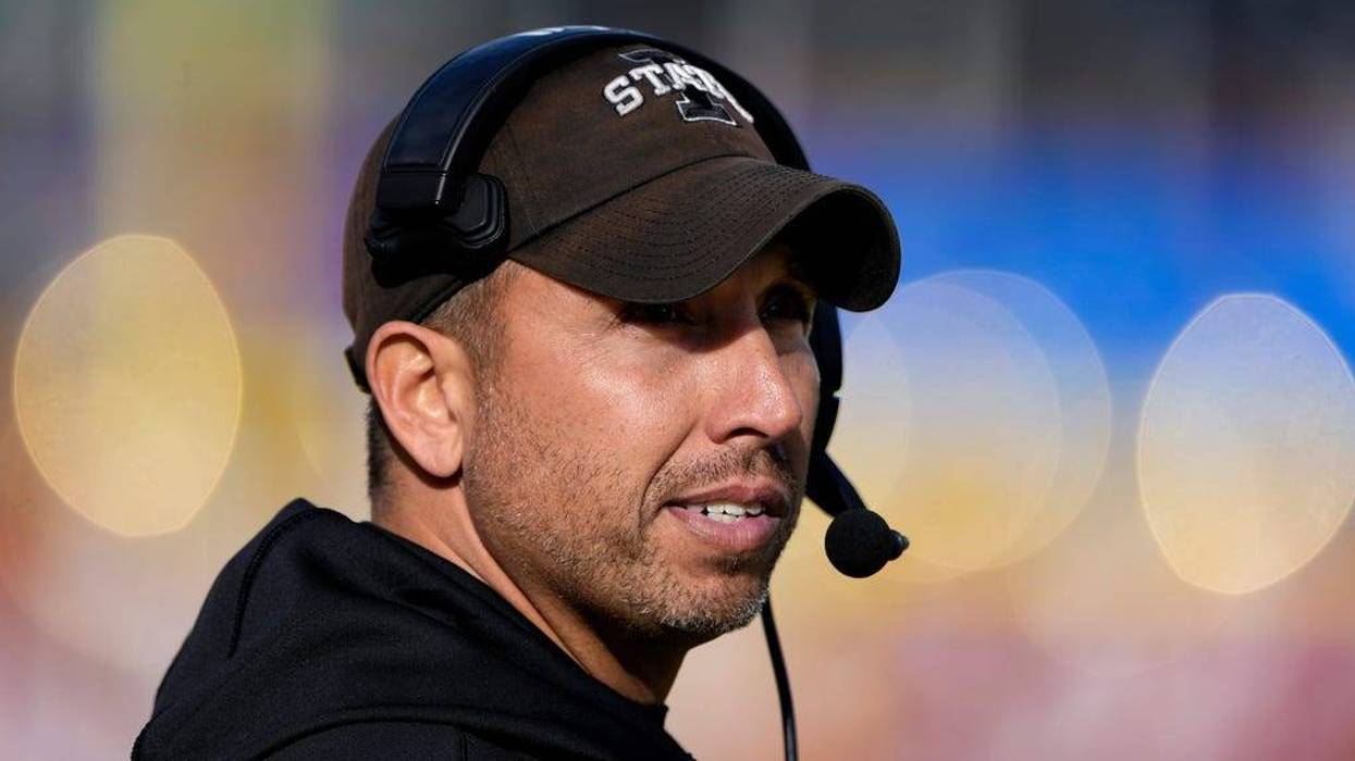Iowa State head coach Matt Campbell looks to the scoreboard during the second half of an NCAA college football game against Kansas, Saturday, Nov. 22, 2025, in Ames, Iowa. Iowa State won 38-14.