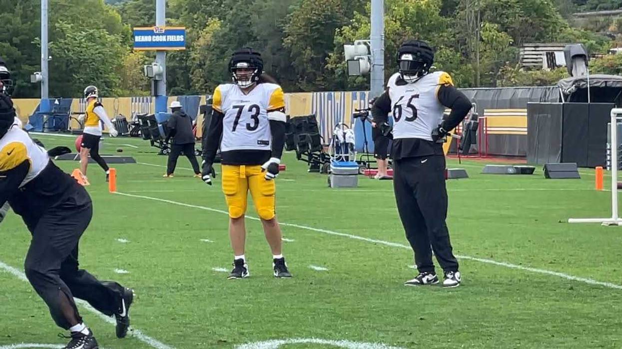 Isaac Seumalo and Dan Moore at practice