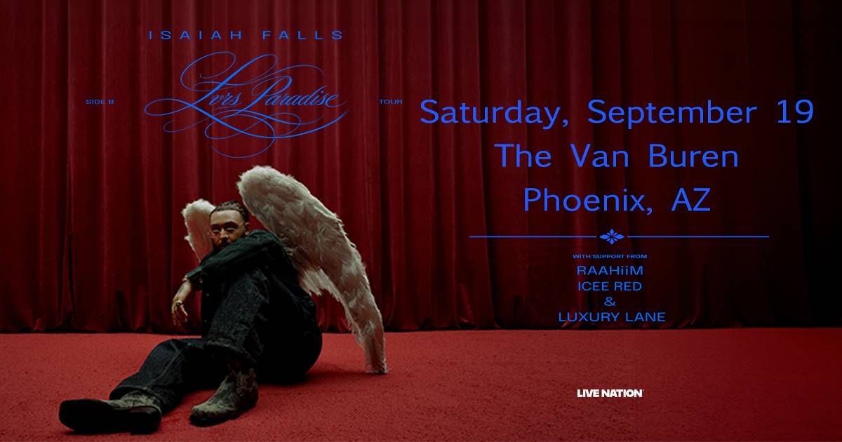 Isaiah Falls Lvr's Paradise Tour concert poster. Man with white angel wings, Phoenix, AZ, Sep 19.