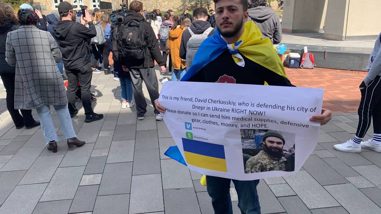Isaiah Kaplan joined other Temple University students in a rally on March 10, 2022, to support Ukrainians like his friend, David Cherkasskiy, who is fighting to defend his home country.