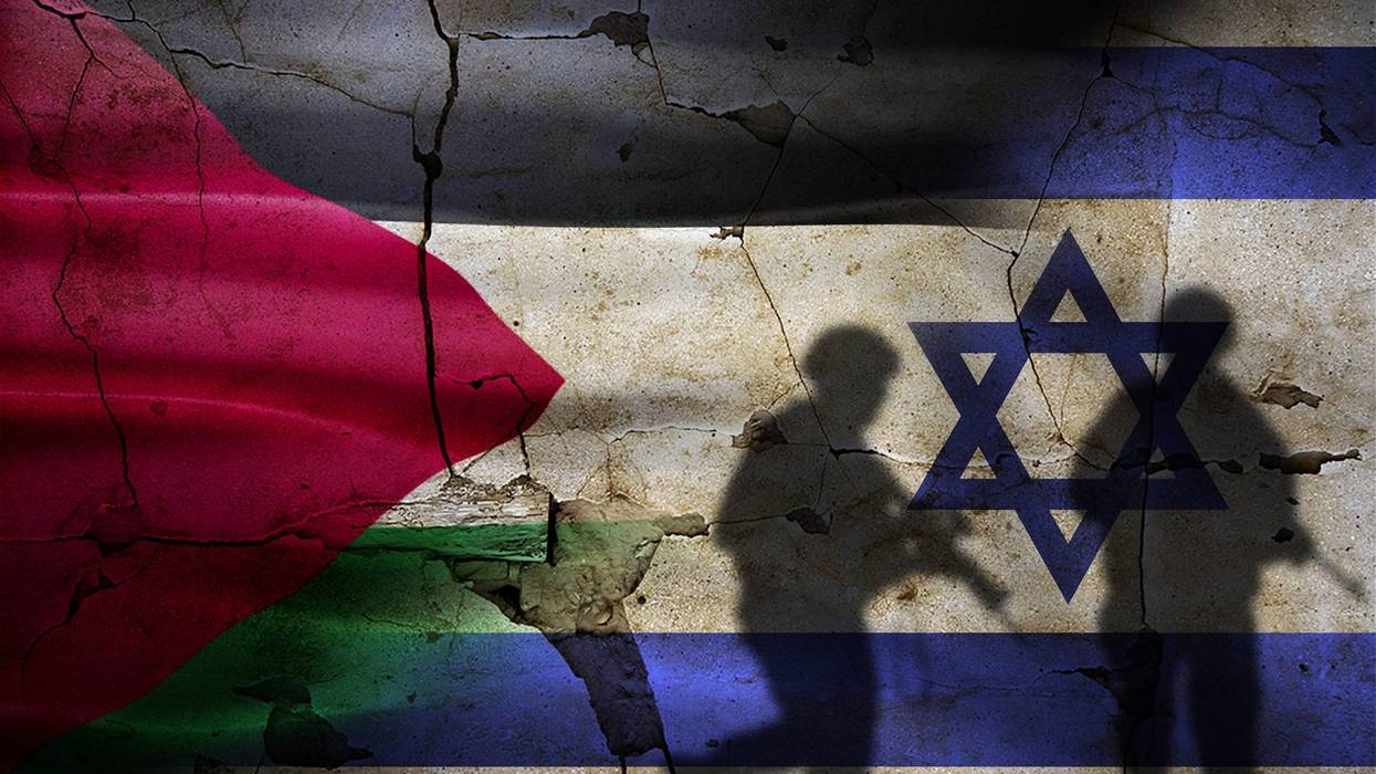 Israel vs Palestine flag on cracked wall. Palestine and Israel war concept, silhouette of soldiers in Palestine vs Israel