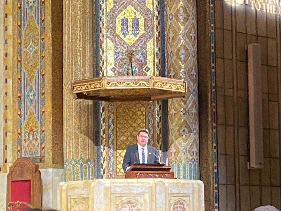 Israeli Consul General in New York Ofir Akunis speaks at the Annual Gathering of Remembrance at Temple Emanu-El on May 5, 2024.