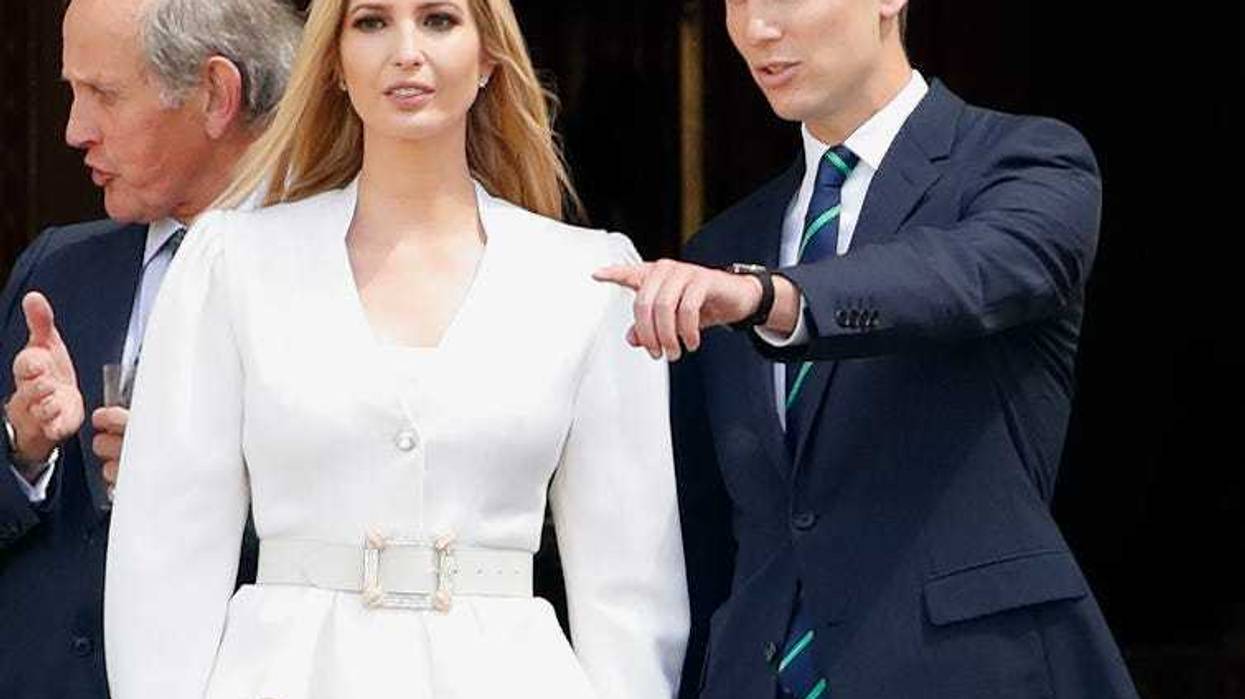 Ivanka Trump and Jared Kushner stand on a balcony of Buckingham Palace during the Ceremonial Welcome in the Buckingham Palace Garden on June 3, 2019 in London, England.