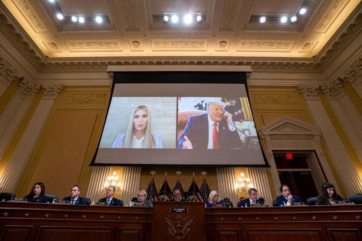 Ivanka Trump, former senior adviser to Donald Trump, left, and former U.S. President Donald Trump is displayed on a screen during a meeting of the Select Committee to Investigate the January 6th Attack on the U.S. Capitol in the Canon House Office Building on Capitol Hill on December 19, 2022 in Washington, DC.
