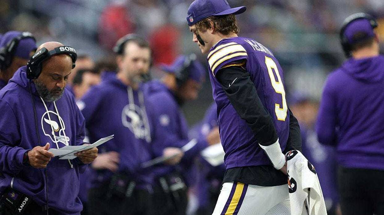 J.J. McCarthy #9 of the Minnesota Vikings looks on during the third quarter against the Green Bay Packers at U.S. Bank Stadium on January 04, 2026 in Minneapolis, Minnesota.