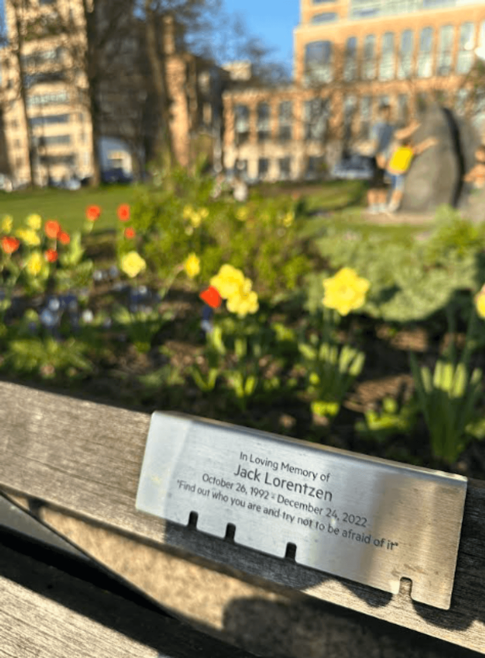 Jack Ciapciak dedicated a bench, with a quote from the film "Never Been Kissed," to his late fiance Jack Lorentzen.