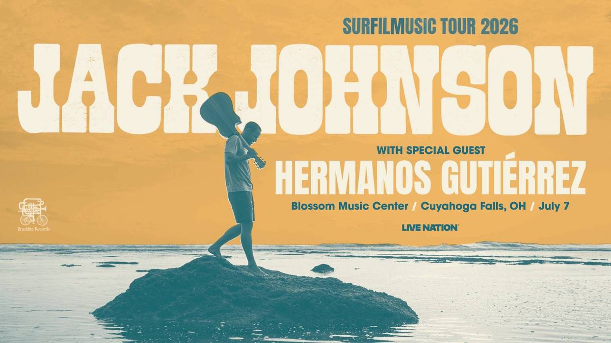 Jack Johnson's Surf/Film/Music Tour 2026 poster with Hermanos Gutiérrez, July 7, Ohio.