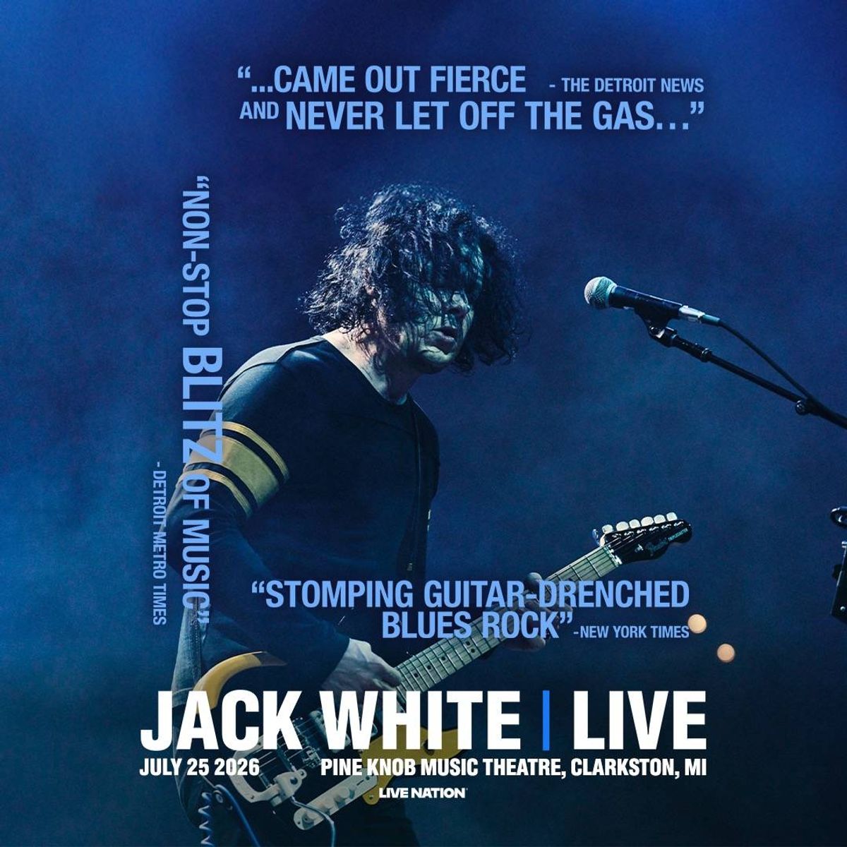 Jack White playing guitar intensely on stage. Concert poster for July 25, 2026 at Pine Knob.