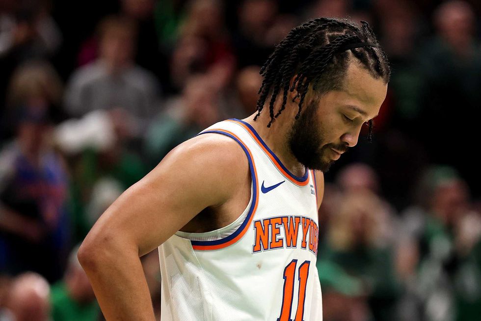 Jalen Brunson #11 of the New York Knicks looks on during the second half of the game against the Boston Celtics at TD Garden on February 23, 2025 in Boston, Massachusetts. The Celtics defeat the Knicks 118-105.