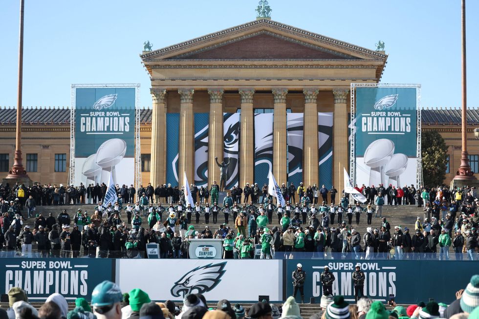 Jalen Hurts #1 of the Philadelphia Eagles addresses the fans during the Philadelphia Eagles Super Bowl Championship Parade on February 14, 2025