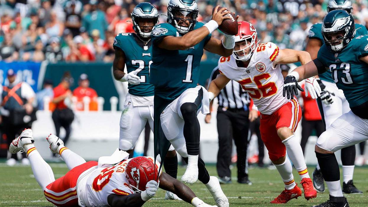 Jalen Hurts, #1 of the Philadelphia Eagles, looks to pass against the Kansas City Chiefs at Lincoln Financial Field on Oct. 3, 2021, in Philadelphia, Pennsylvania.