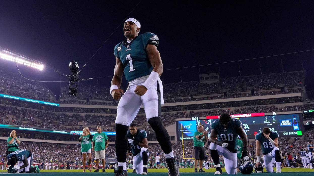 Jalen Hurts, #1 of the Philadelphia Eagles, reacts before the game against the Minnesota Vikings at Lincoln Financial Field on Sept. 19, 2022, in Philadelphia, Pennsylvania.
