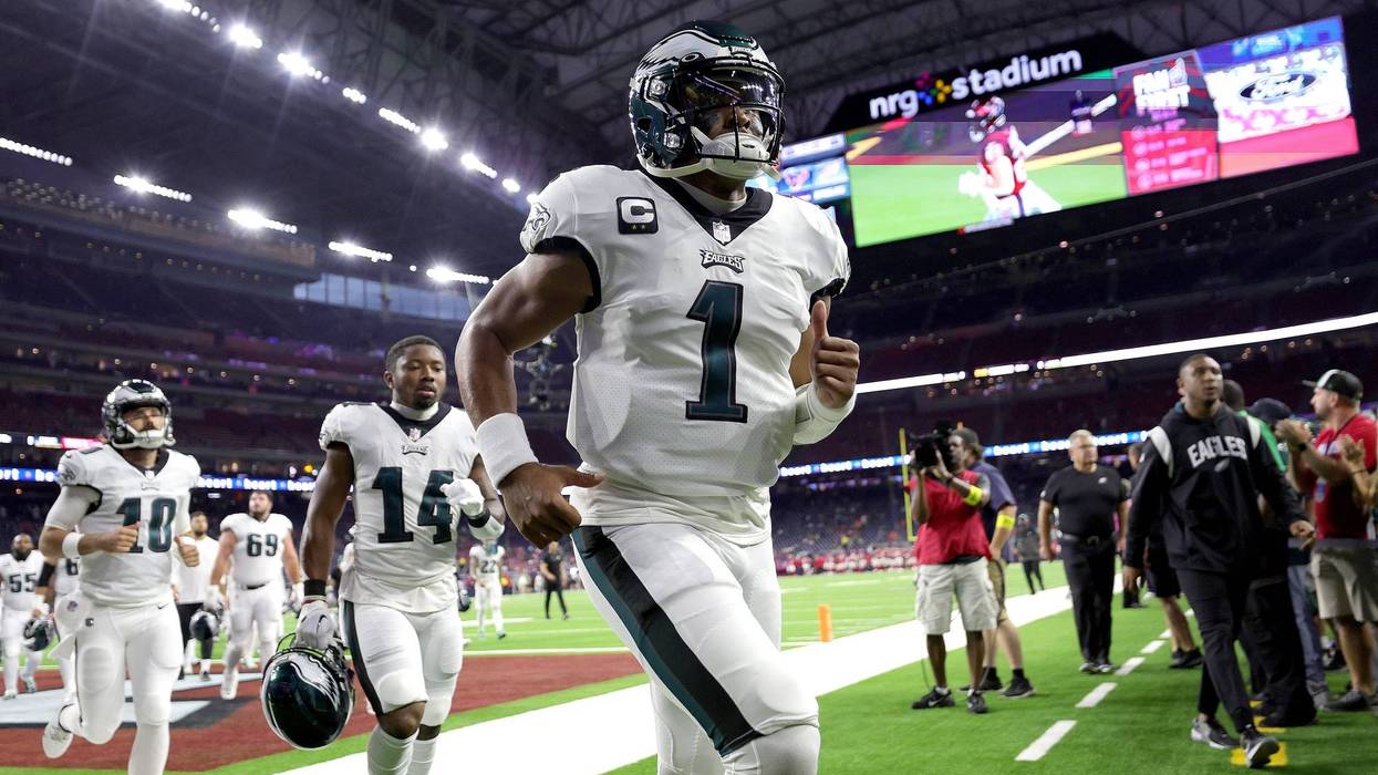 Jalen Hurts, #1 of the Philadelphia Eagles, runs off the field before a game against the Houston Texans at NRG Stadium on Nov. 3, 2022, in Houston, Texas.