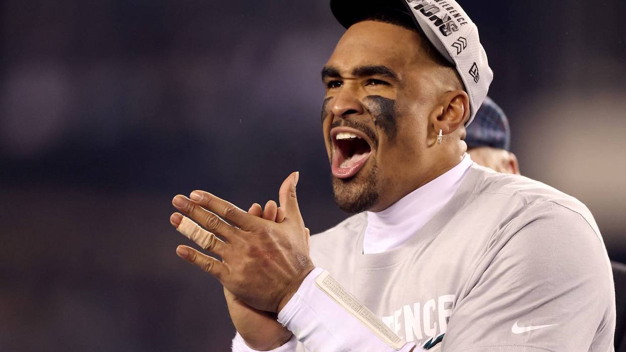 Jalen Hurts of the Philadelphia Eagles celebrates after defeating the San Francisco 49ers to win the NFC Championship Game at Lincoln Financial Field on January 29, 2023 in Philadelphia, Pennsylvania. The Philadelphia Eagles defeated the San Francisco 49ers with a score of 31-7.