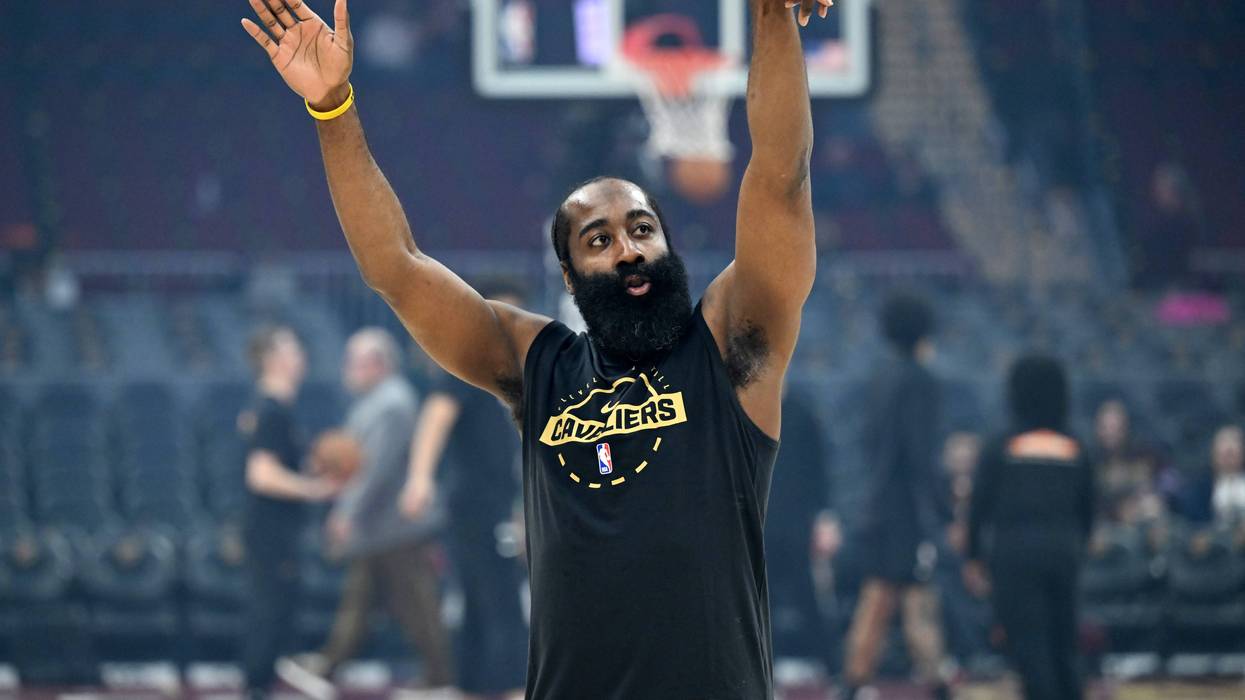 James Harden #1 of the Cleveland Cavaliers warms up prior to a game against the Washington Wizards at Rocket Arena on February 11, 2026 in Cleveland, Ohio.