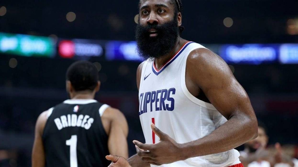 James Harden #1 of the LA Clippers reacts behind Mikal Bridges #1 of the Brooklyn Nets during a 125-114 Clippers win at Crypto.com Arena on January 21, 2024 in Los Angeles, California.