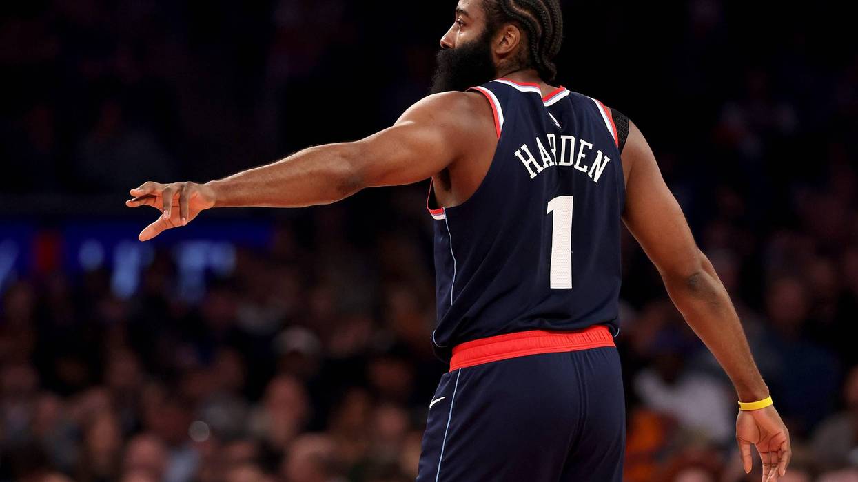 James Harden #1 of the Los Angeles Clippers reacts in the first half against the New York Knicks at Madison Square Garden on January 07, 2026 in New York City.