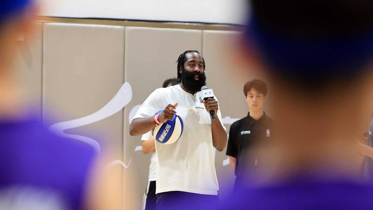 James Harden, American basketball player for the Philadelphia 76ers of the NBA, speaks during his China tour on Aug. 13, 2023, in Shanghai, China.