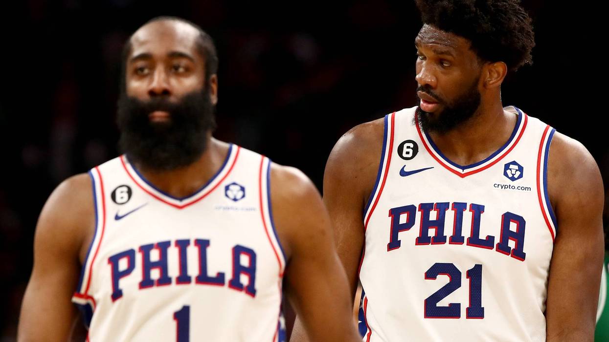James Harden and Joel Embiid of the Philadelphia 76ers react in the third quarter of Game 7 of the 2023 NBA Playoffs Eastern Conference Semifinals against the Boston Celtics on May 14, 2023.