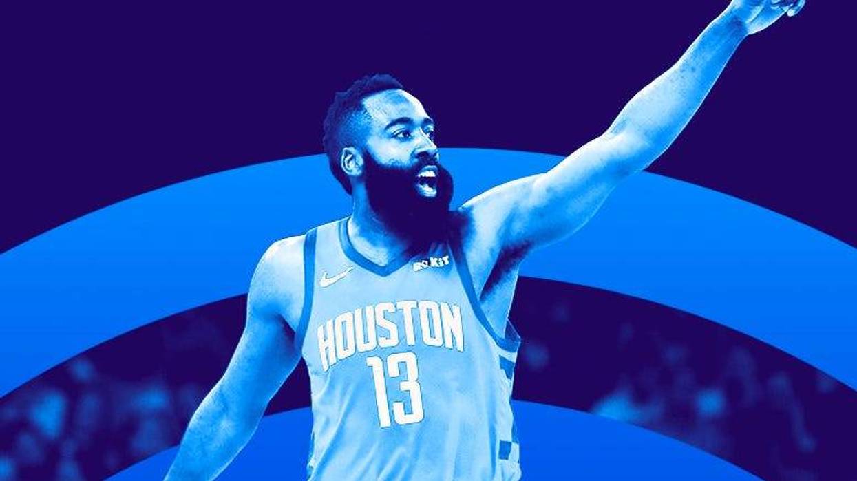 James Harden of the Houston Rockets points during the NBA Playoffs.