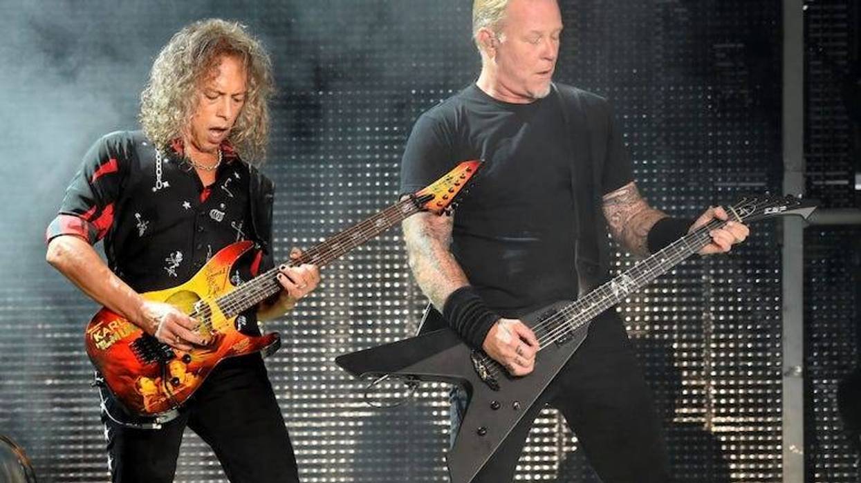 James Hetfield and Kirk Hammett of Metallica perform a concert at the Rose Bowl.