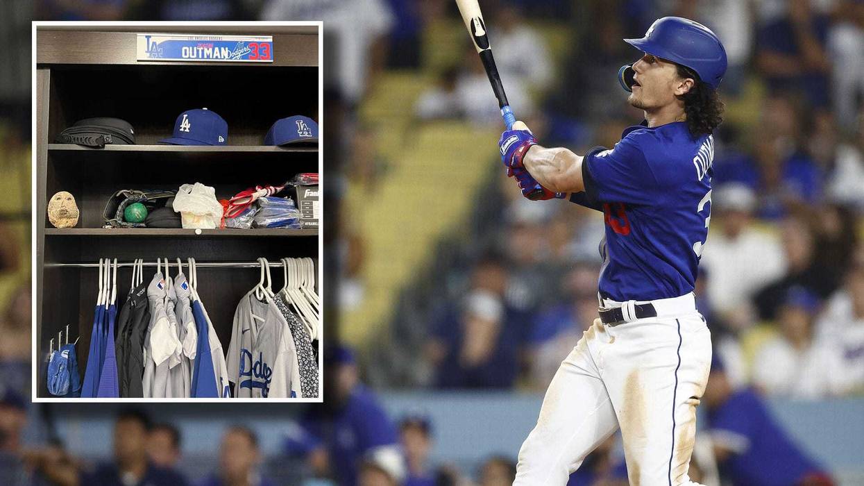 James Outman of the Los Angeles Dodgers and James Outman's pet rock.