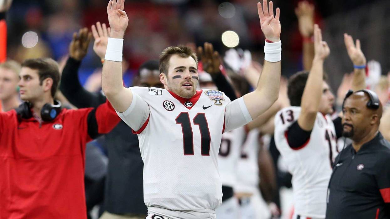 Jan 1, 2020; New Orleans, Louisiana, USA; Georgia Bulldogs quarterback Jake Fromm (11) signals the fourth quarter against the Baylor Bears in the Sugar Bowl at the Mercedes-Benz Superdome. Mandatory Credit: Chuck Cook-USA TODAY Sports