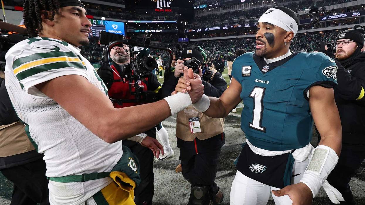 Jan 12, 2025; Philadelphia, Pennsylvania, USA; Green Bay Packers quarterback Jordan Love (10) and Philadelphia Eagles quarterback Jalen Hurts (1) shake hands after the game in an NFC wild card game at Lincoln Financial Field. Mandatory Credit: Bill Streicher-Imagn Images