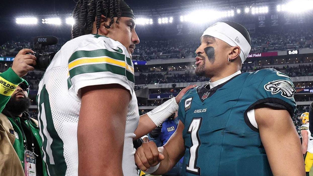 Jan 12, 2025; Philadelphia, Pennsylvania, USA; Green Bay Packers quarterback Jordan Love (10) and Philadelphia Eagles quarterback Jalen Hurts (1) shake hands after the game in an NFC wild card game at Lincoln Financial Field. Mandatory Credit: Bill Streicher-Imagn Images