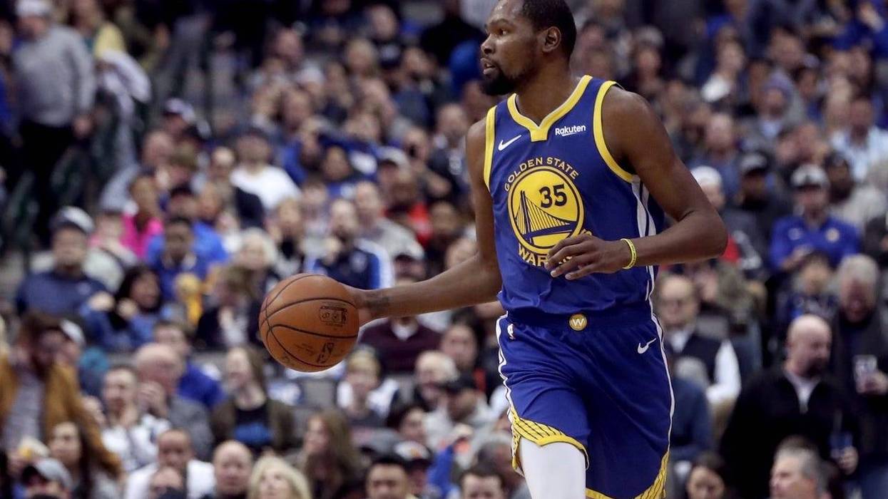 Jan 13, 2019; Dallas, TX, USA; Golden State Warriors forward Kevin Durant (35) dribbles during the game against the Dallas Mavericks at American Airlines Center. Mandatory Credit: Kevin Jairaj-USA TODAY Sports