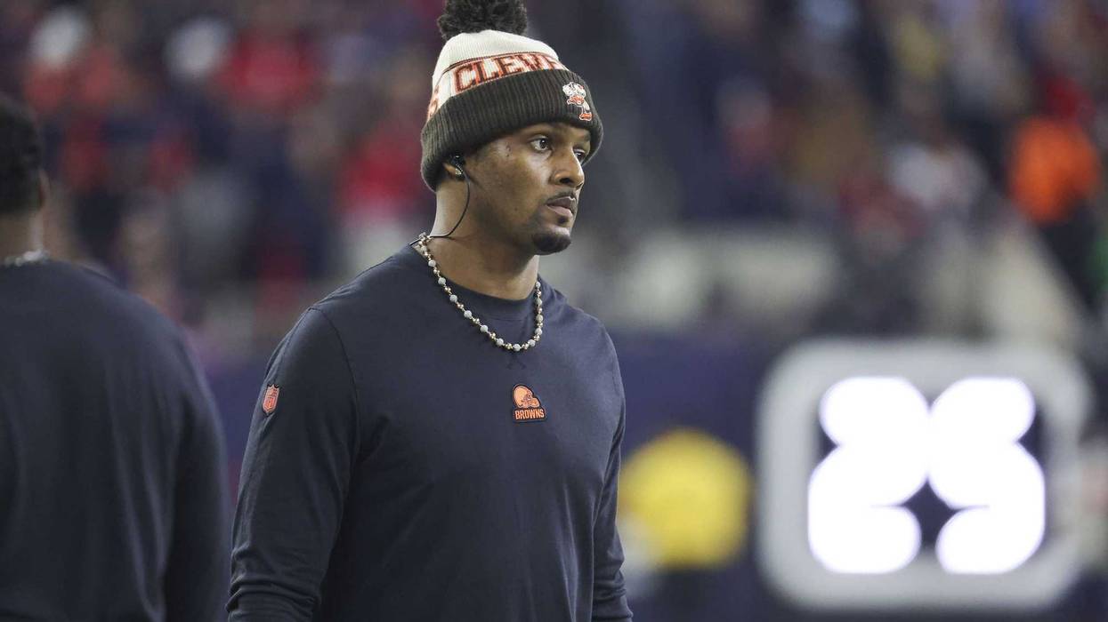 Jan 13, 2024; Houston, Texas, USA; Cleveland Browns quarterback Deshaun Watson looks on from the sideline in a 2024 AFC wild card game against the Houston Texans at NRG Stadium. Mandatory Credit: Troy Taormina-USA TODAY Sport
