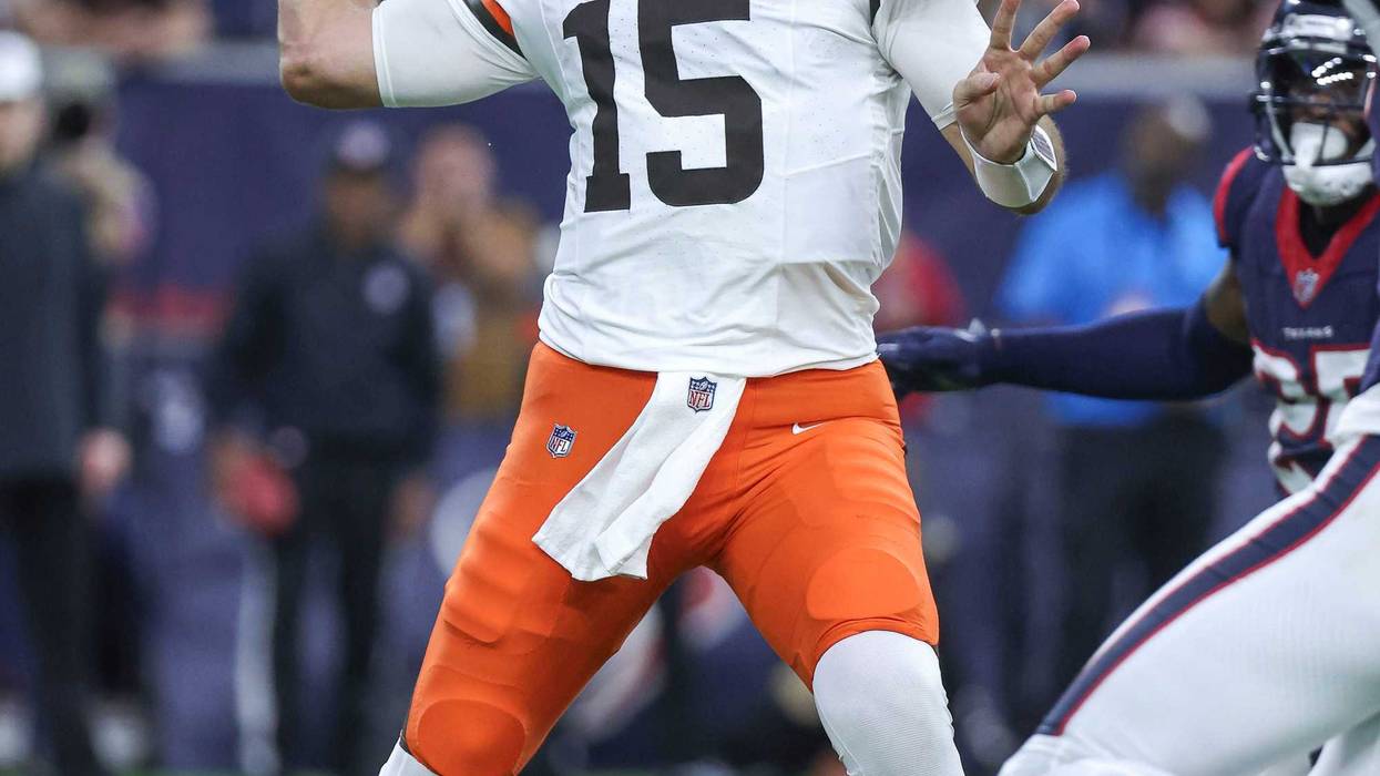 Jan 13, 2024; Houston, Texas, USA; Cleveland Browns quarterback Joe Flacco (15) attempts a pass in a 2024 AFC wild card game against the Houston Texans at NRG Stadium.