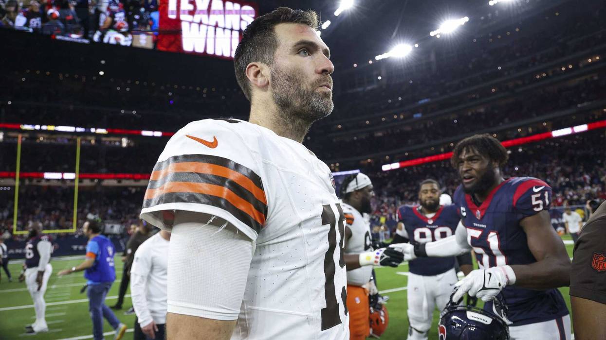 Jan 13, 2024; Houston, Texas, USA; Cleveland Browns quarterback Joe Flacco (15) on the field after a 2024 AFC wild card game against the Houston Texans at NRG Stadium.