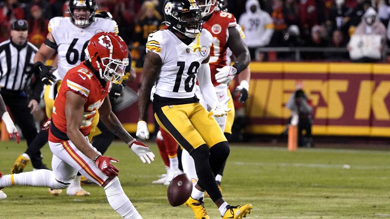 Jan 16, 2022; Kansas City, Missouri, USA; Pittsburgh Steelers wide receiver Diontae Johnson (18) reacts during the first half against the Kansas City Chiefs
