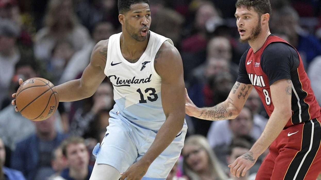 Jan 2, 2019; Cleveland, OH, USA; Cleveland Cavaliers center Tristan Thompson (13) dribbles against Miami Heat guard Tyler Johnson (8) in the second quarter at Quicken Loans Arena. Mandatory Credit: David Richard-USA TODAY Sports