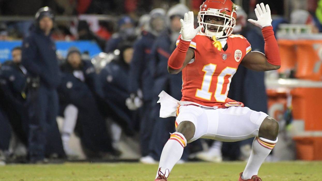 Jan 20, 2019; Kansas City, MO, USA; Kansas City Chiefs wide receiver Tyreek Hill (10) reacts during the first half of the AFC Championship game against the New England Patriots at Arrowhead Stadium.