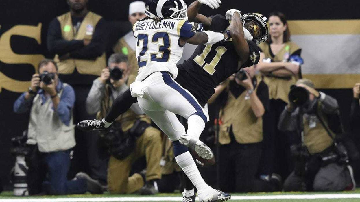 Jan 20, 2019; New Orleans, LA, USA; Los Angeles Rams defensive back Nickell Robey-Coleman (23) breaks up a pass intended for New Orleans Saints wide receiver Tommylee Lewis (11) on a third down play during the fourth quarter in the NFC Championship game a