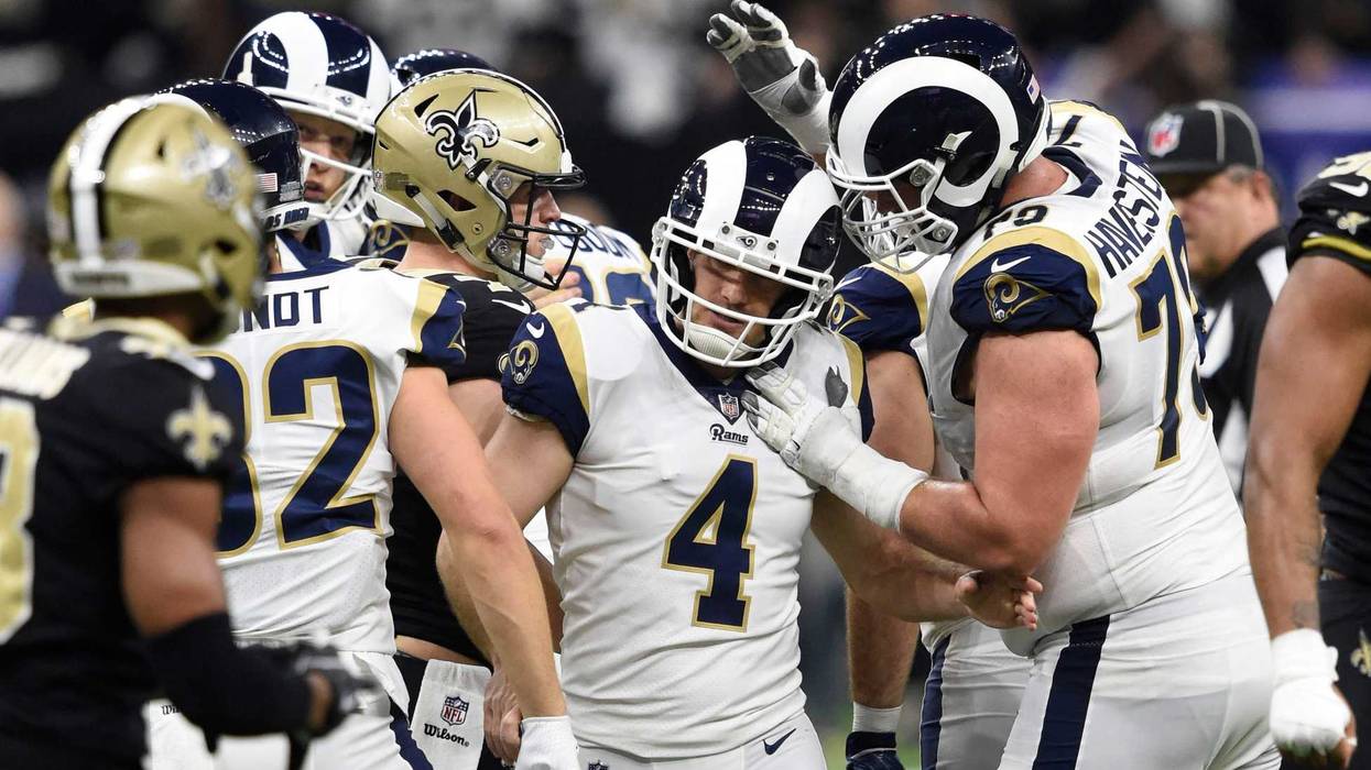 Jan 20, 2019; New Orleans, LA, USA; Los Angeles Rams kicker Greg Zuerlein (4) is congratulated by teammates. Mandatory Credit: John David Mercer-USA TODAY Sports