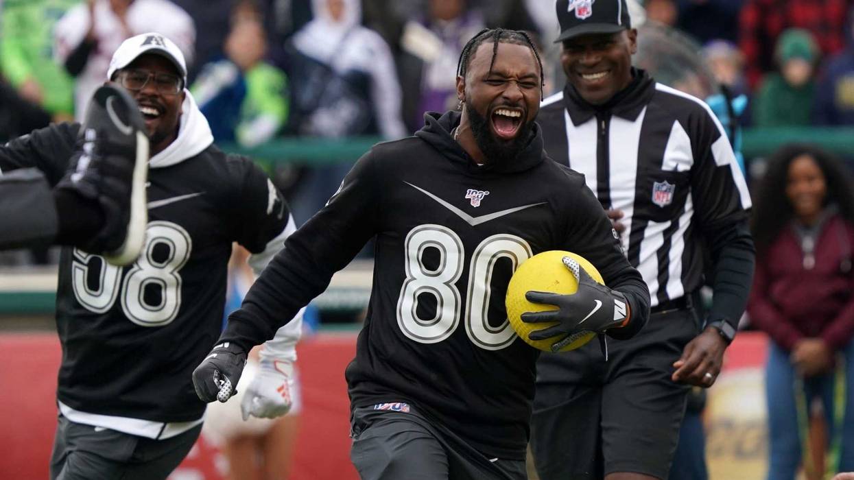 Jan 22, 2020; Kissimmee, Florida, USA; Cleveland Browns receiver Jarvis Landry (80) celebrates during the dodgeball competition at he Pro Bowl Skills Showdown at ESPN Wide World of Sports. Mandatory Credit: Kirby Lee-USA TODAY Sports