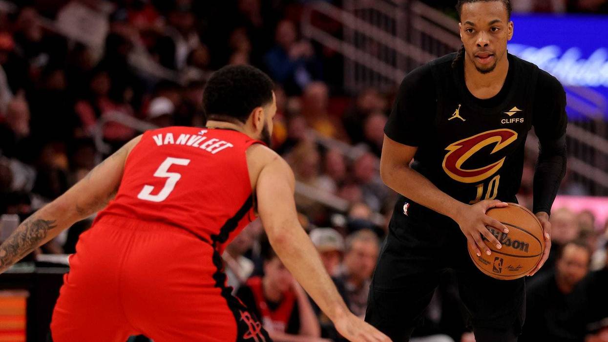 Jan 22, 2025; Houston, Texas, USA; Cleveland Cavaliers guard Darius Garland (10) handles the ball against Houston Rockets guard Fred VanVleet (5) during the second quarter at Toyota Center.
