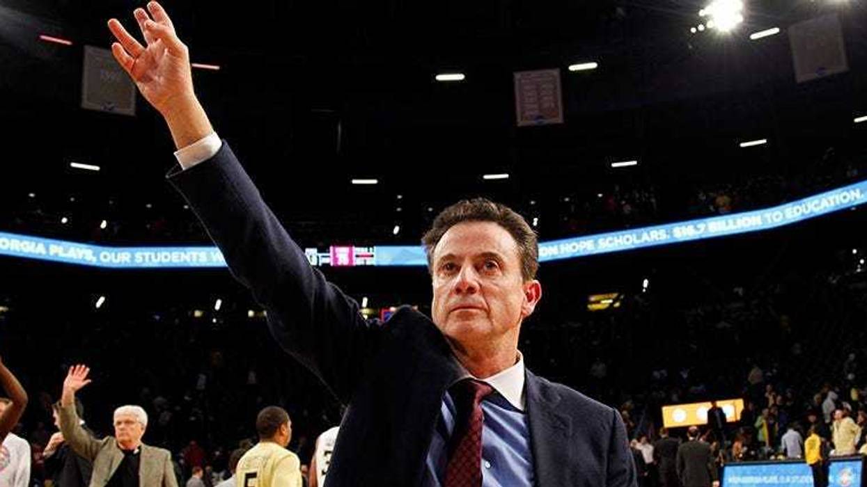 Jan 23, 2016; Atlanta, GA, USA; Louisville Cardinals head coach Rick Pitino celebrates a victory against the Georgia Tech Yellow Jackets at McCamish Pavilion. Louisville defeated Georgia Tech 75-71. Mandatory Credit: Brett Davis-USA TODAY Sports